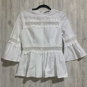 White Poplin Crochet Daisy Detail Ruffle Bell Sleeve Blouse Top M